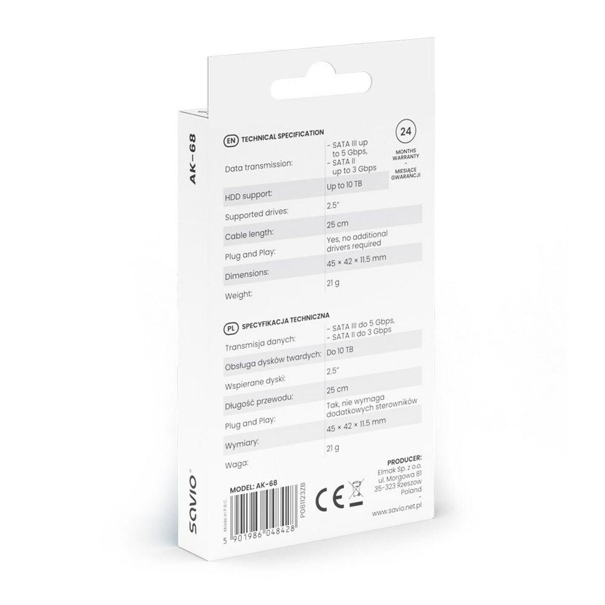 Adattatore da USB a SATA per Hard Disk Savio AK-68 25 cm