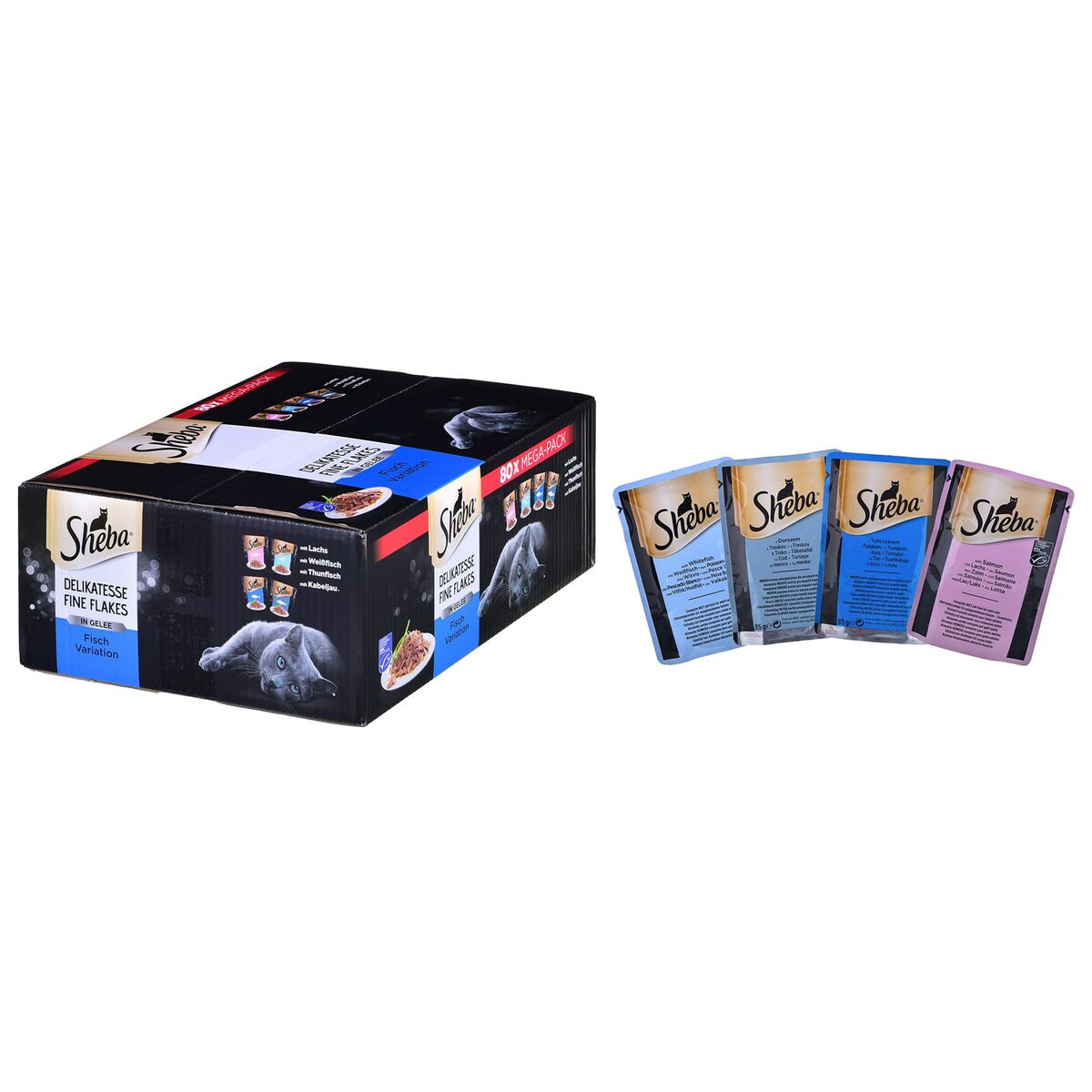 Cibo per gatti Sheba Delikatesse Fisch Variation Salmone Tonno Baccalà 80 x 85 g