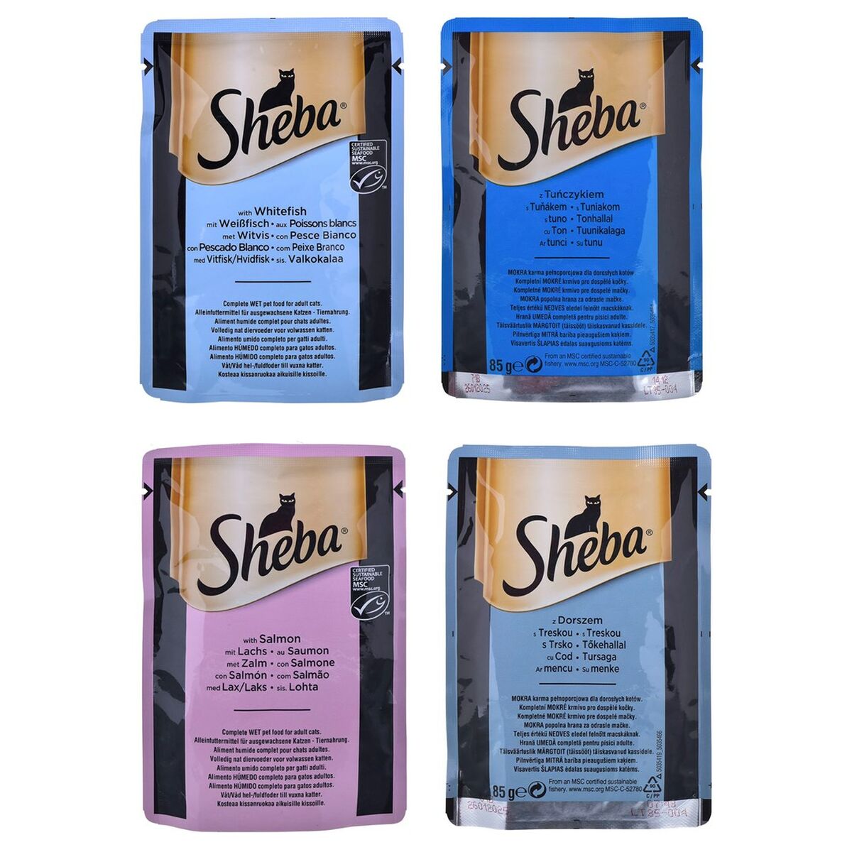 Cibo per gatti Sheba Delikatesse Fisch Variation Salmone Tonno Baccalà 80 x 85 g
