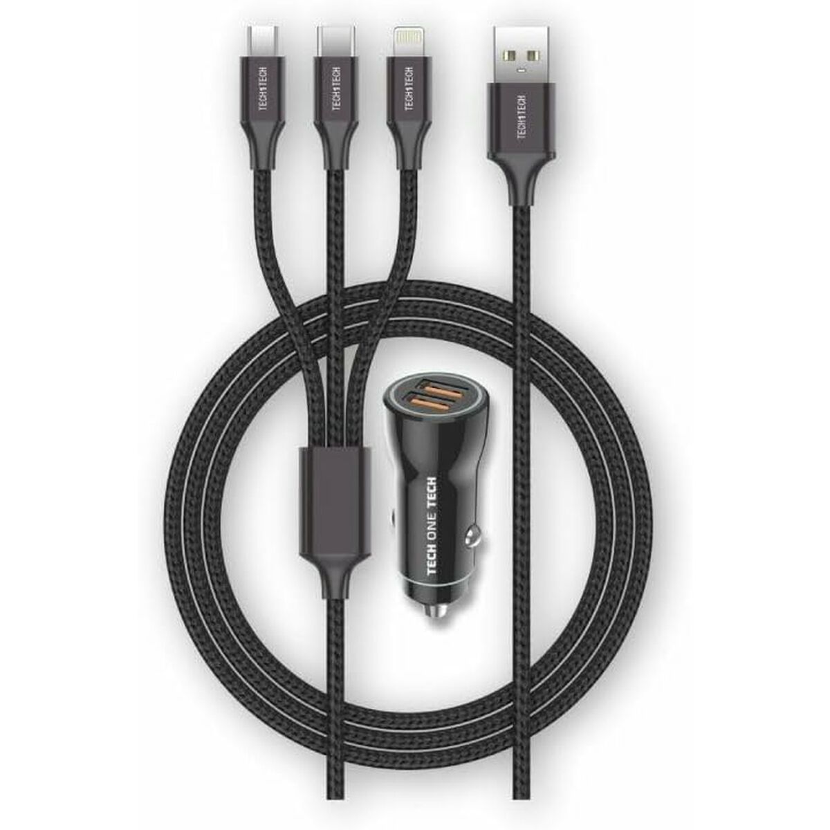 Caricabatterie per Auto USB Universale + Cavo Tech One Tech Doppia USB x 2 1,2 m