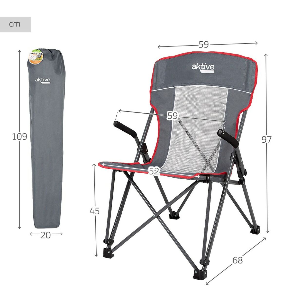 Sedia da Campeggio Pieghevole Aktive Grigio 59 x 97 x 68 cm (2 Unità)