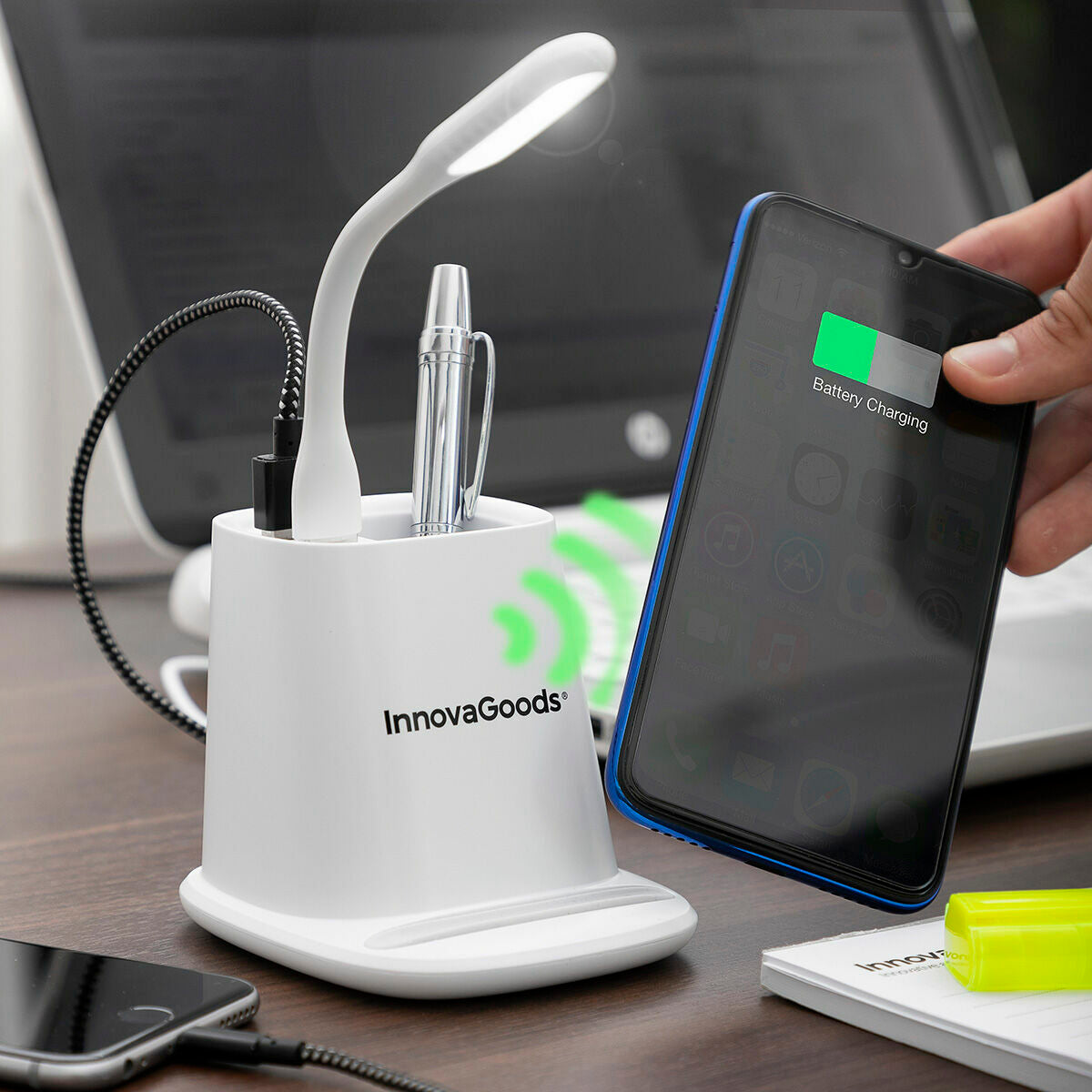 Caricabatterie Wireless con Supporto-Portaoggetti e Lampada a LED USB 5 in 1 DesKing InnovaGoods RIV001 (Ricondizionati A)
