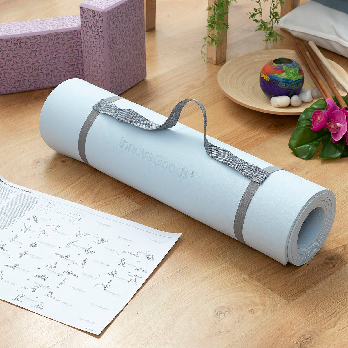 Tappetino da Yoga Antiscivolo con Linee di Posizione e Manuale per gli Esercizi Asamat InnovaGoods Azzurro (Ricondizionati A)