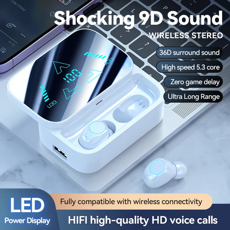 New Exquisite Mirror Earbuds Power Bank True Wireless Bluetooth 5.3 2-In-1 Headphones Three True Digital Display Sports Earphone