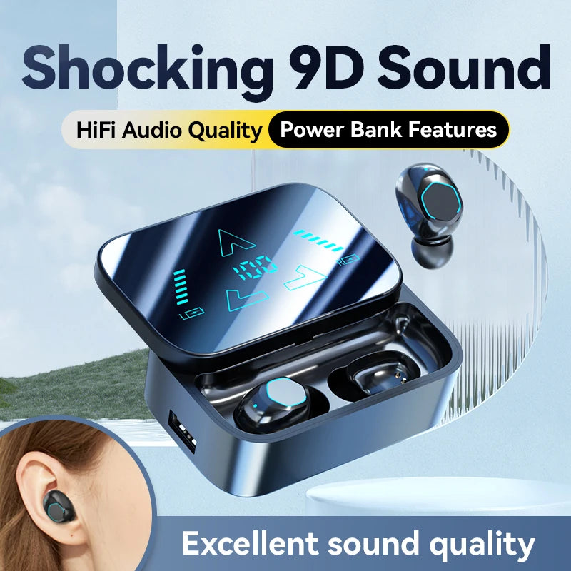 New Exquisite Mirror Earbuds Power Bank True Wireless Bluetooth 5.3 2-In-1 Headphones Three True Digital Display Sports Earphone