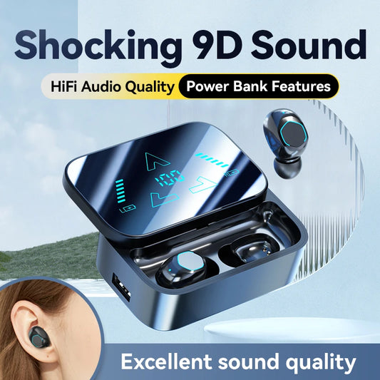 New Exquisite Mirror Earbuds Power Bank True Wireless Bluetooth 5.3 2-In-1 Headphones Three True Digital Display Sports Earphone