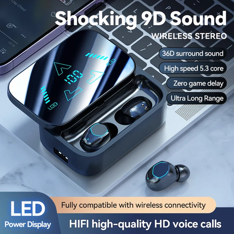 New Exquisite Mirror Earbuds Power Bank True Wireless Bluetooth 5.3 2-In-1 Headphones Three True Digital Display Sports Earphone
